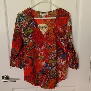 JESSICA TAYLOR Red and Blue Graphic 3/4 Sleeve Blouse